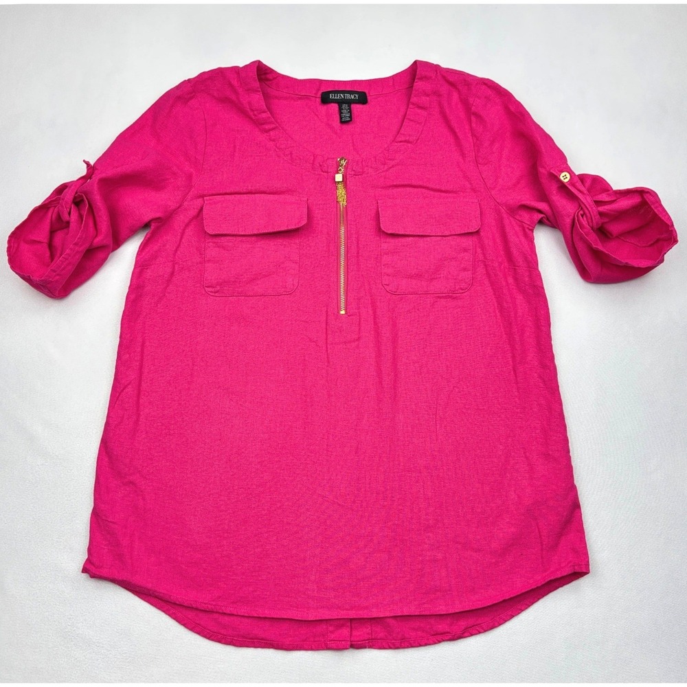 Ellen Tracy Womens Medium Linen Blend Tunic Blouse Pink Zip Pocket Roll Tab Top